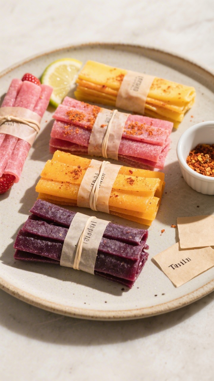 Overhead tasty top view: Strips of mixed-fruit leather (strawberry lemonade pink, mango chili lime g