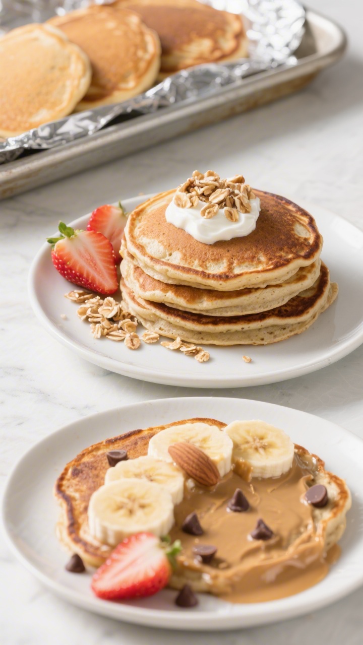 Overhead “tasty top view”: Top-down shot of a breakfast spread featuring two styles of air-fried