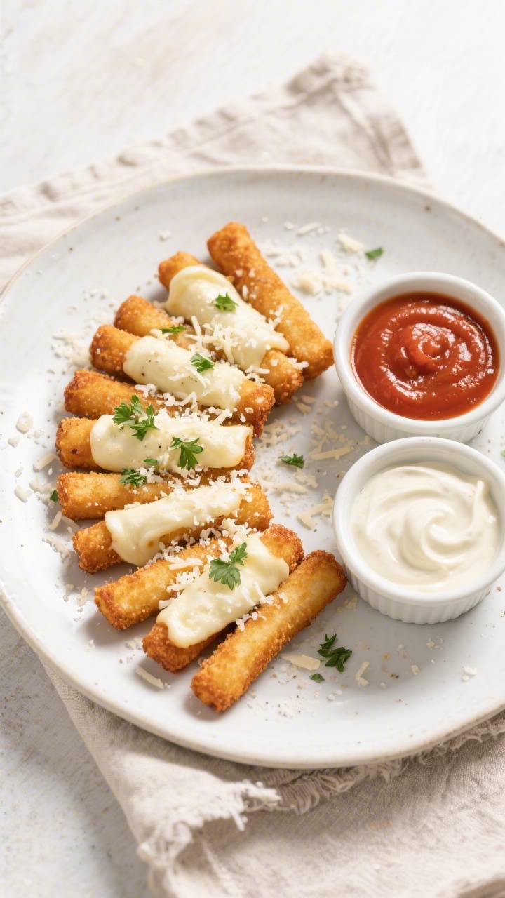 Overhead, top-down shot of a platter of air fryer mozzarella sticks arranged in a neat fan on a whit