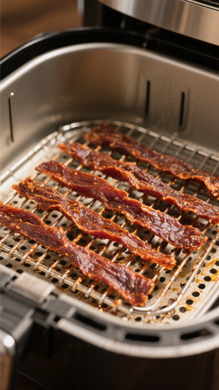Process-focused shot inside the air fryer: cooked jerky strips arranged in a single, non-overlapping