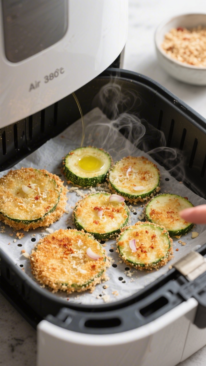 Process-in-action scene: Breaded zucchini rounds in a single, non-overlapping layer inside a preheat