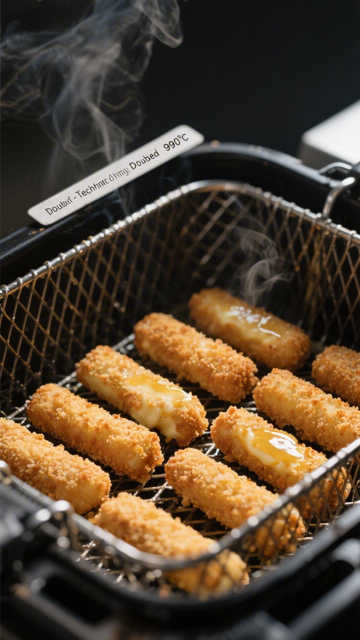Process shot: frozen, breaded mozzarella sticks arranged in a single layer in an open air fryer bask