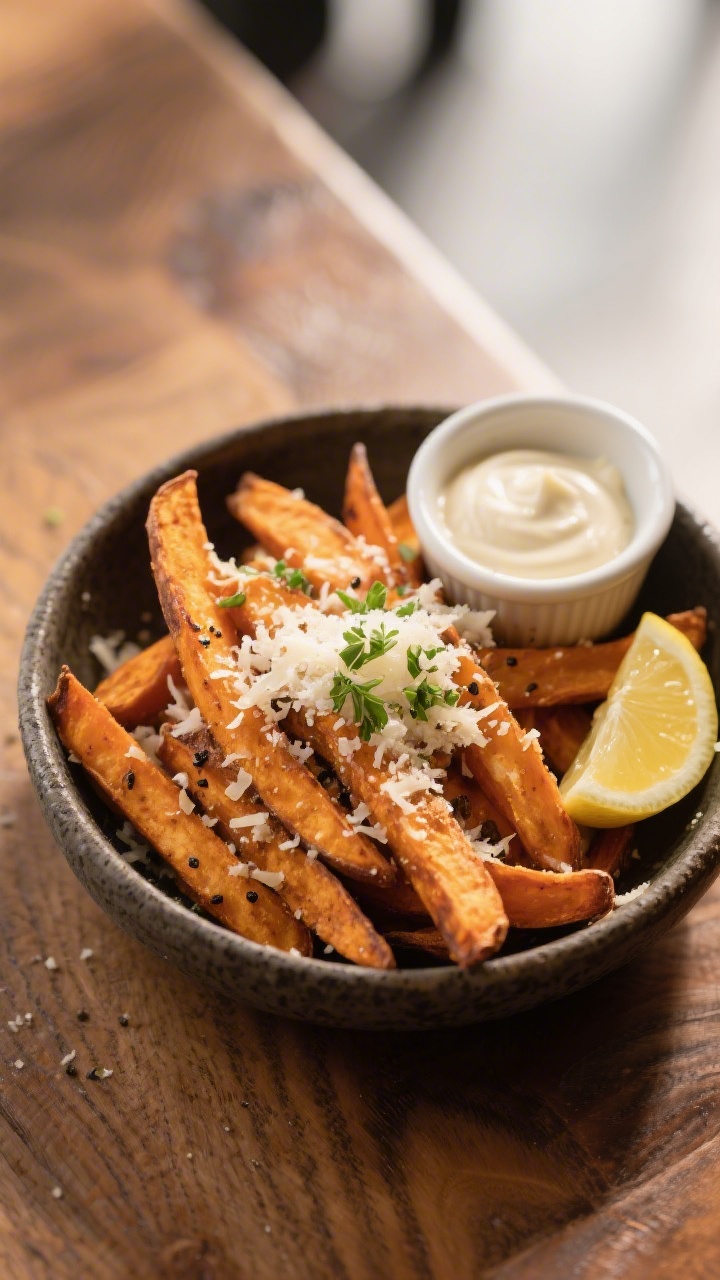 Restaurant-quality final presentation: Garlic-Parmesan sweet potato fries styled in a shallow dark s