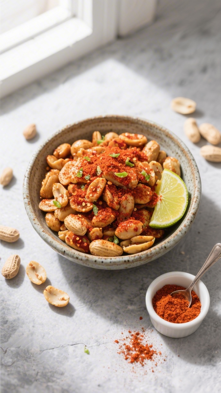 Tasty top-down overhead shot of a rustic ceramic bowl heaped with the final dish: air fryer spicy pe