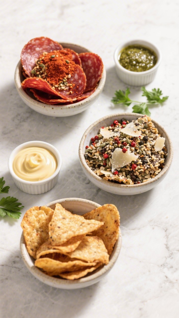 Tasty top-down serving scene: Overhead shot of a modern snack spread featuring three flavor variatio