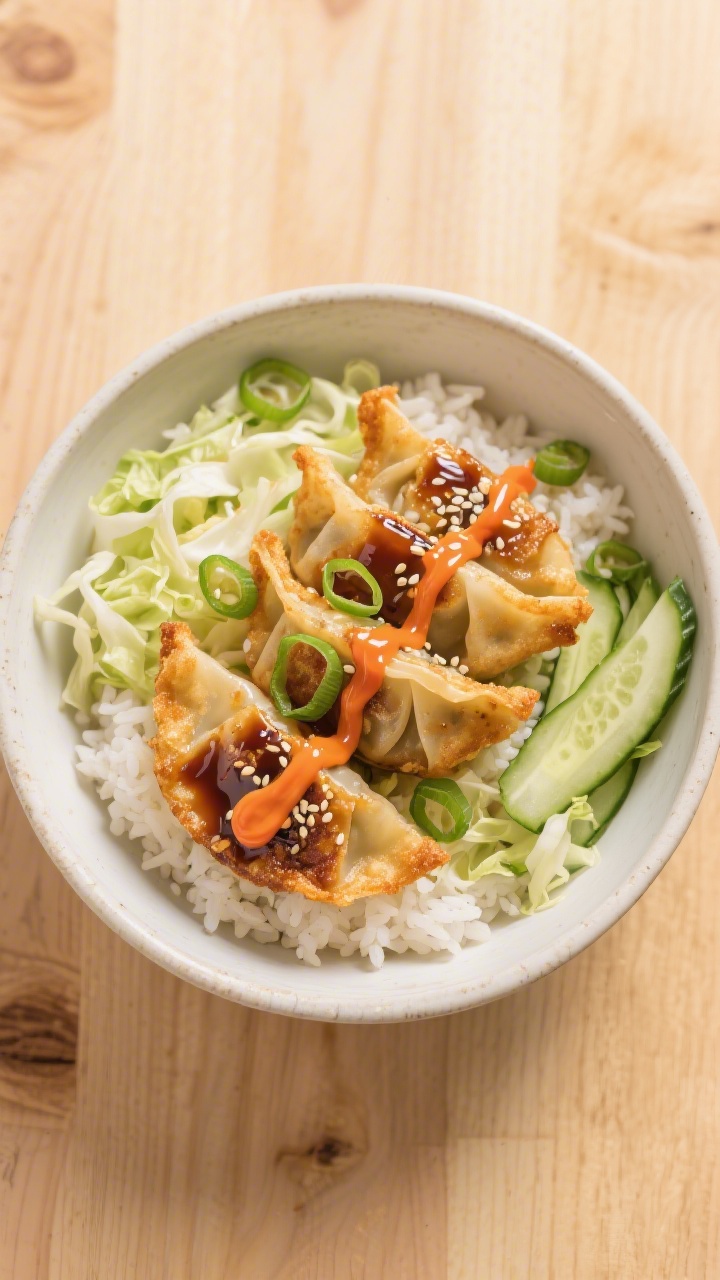 Tasty top-view bowl: Overhead shot of a crispy rice bowl topped with air-fried potstickers—steamed