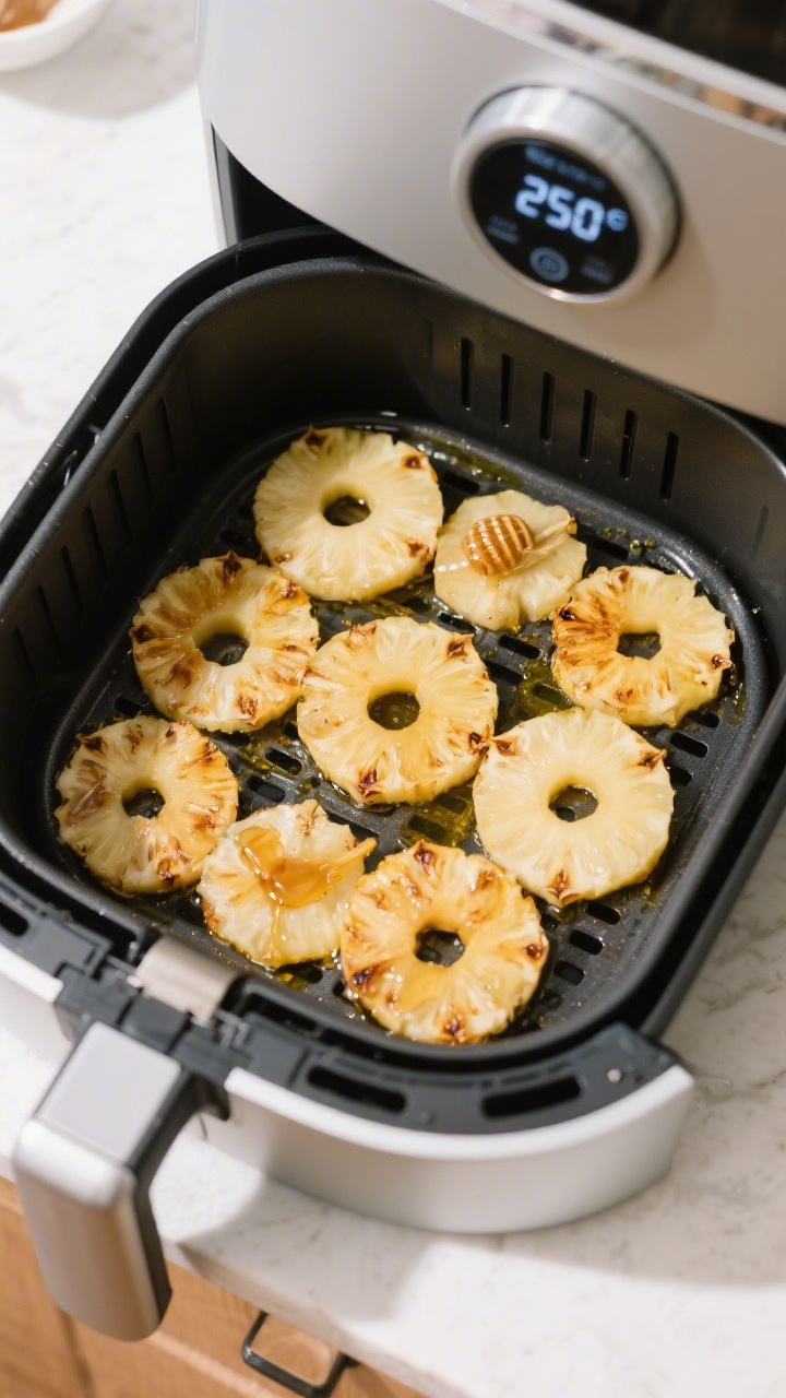 Tasty top-view cooking process: Overhead shot of a single air fryer basket lined with a light mist o
