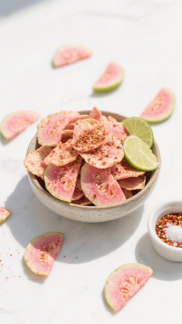 Tasty top view, final dish: Overhead shot of a ceramic bowl mounded with pink-fleshed guava chips, d