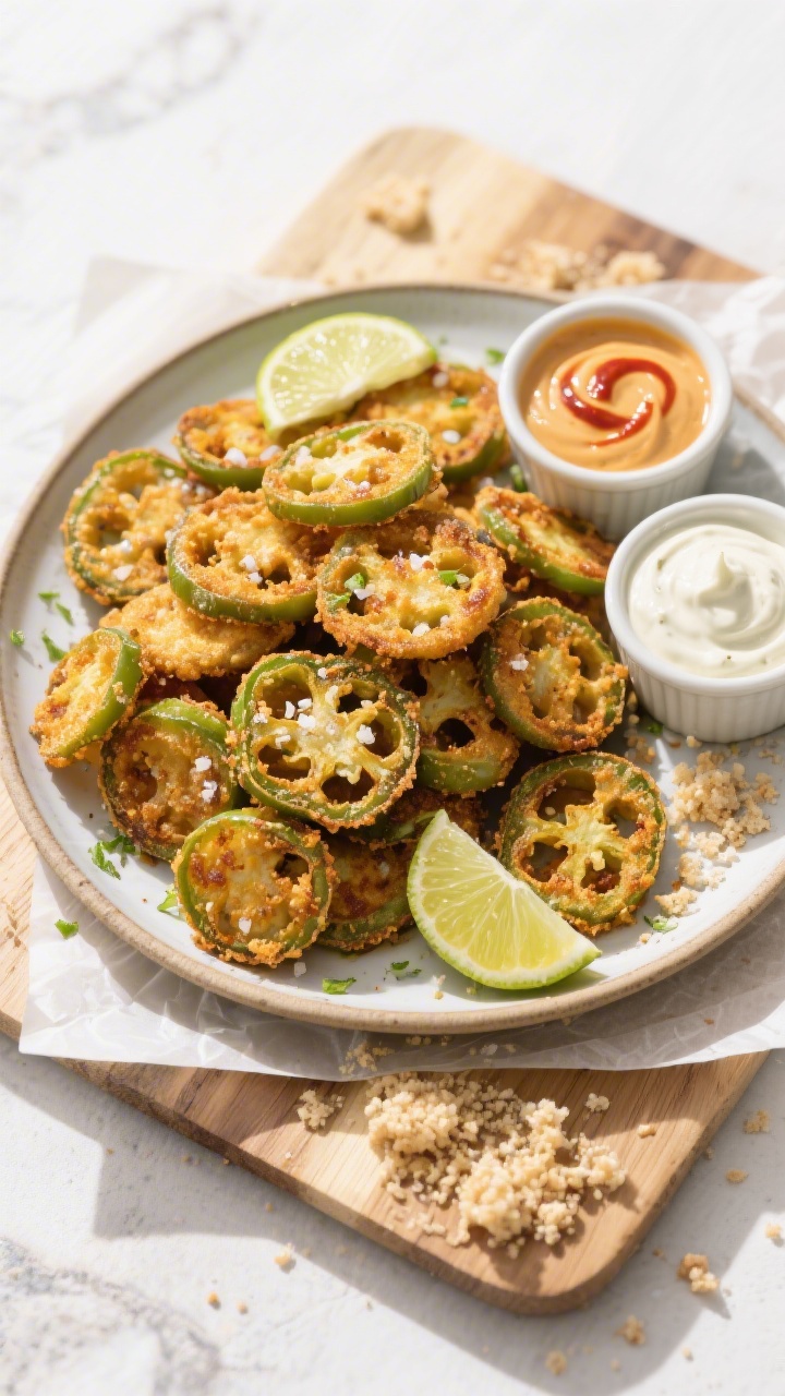Tasty top view final dish: Overhead shot of a ceramic platter piled with air fryer jalapeno coins, b