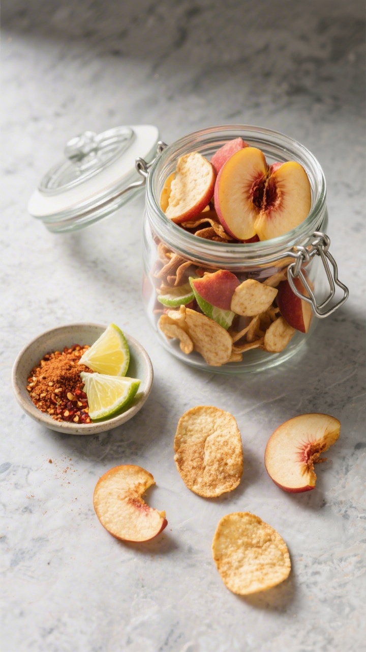 Tasty top view: Final presentation of assorted nectarine chips in a clear glass jar with a tight lid