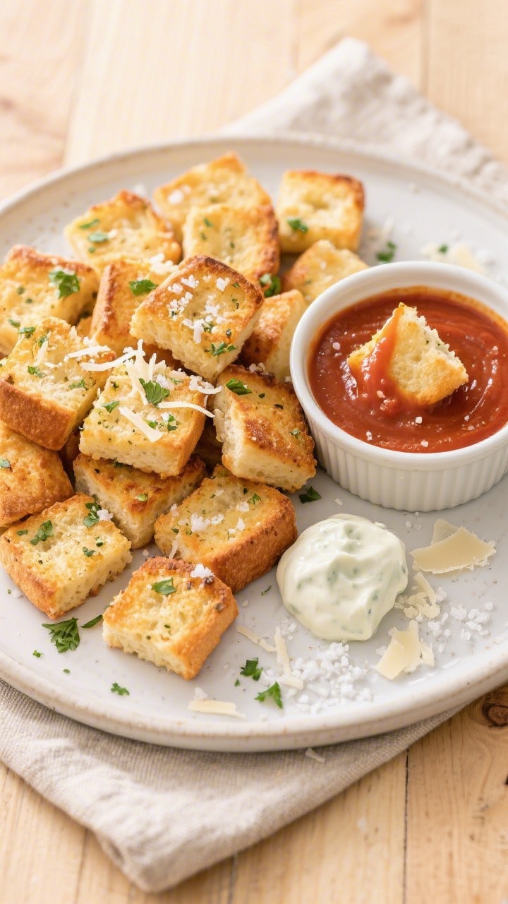 Tasty top view, final serving with dips: Overhead shot of a platter of air fryer garlic bread bites