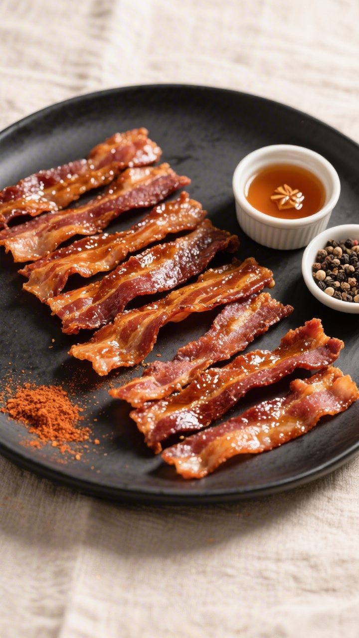 Tasty top view: Overhead hero shot of finished Air Fryer Maple Bacon Jerky arranged in staggered row