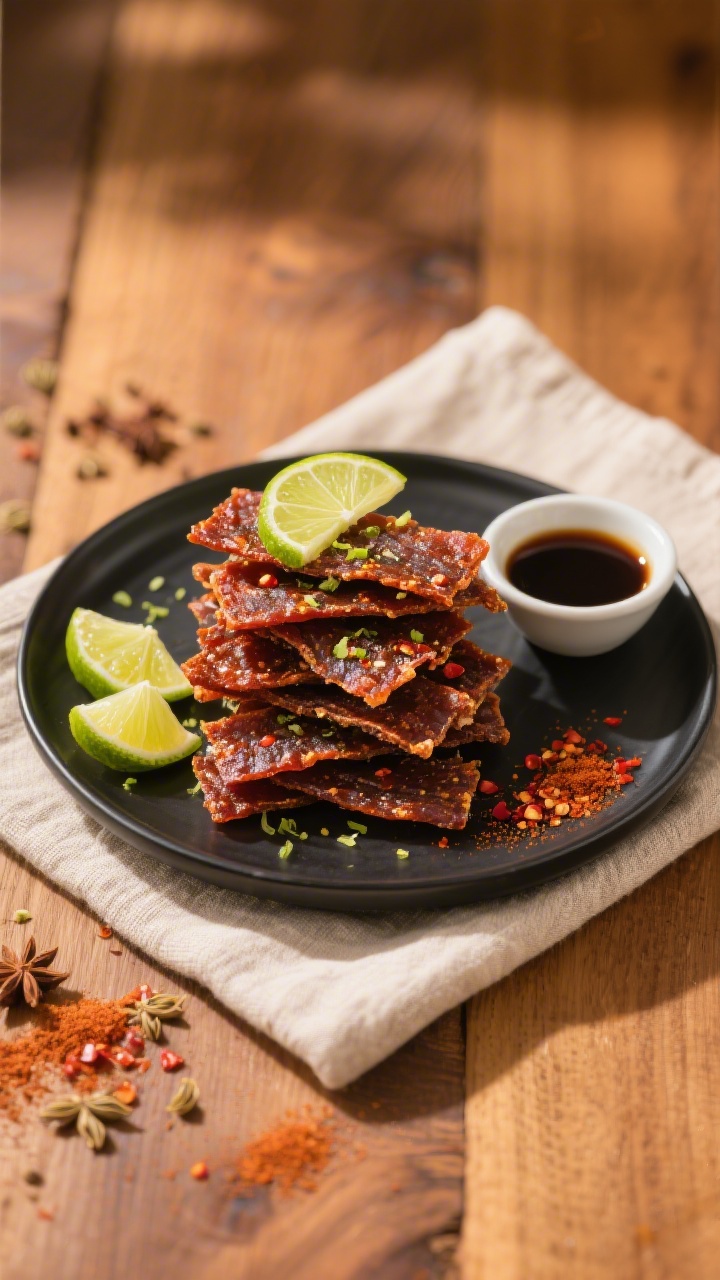 Tasty top view: Overhead hero shot of the final Air Fryer Chili Lime Jerky arranged in overlapping s