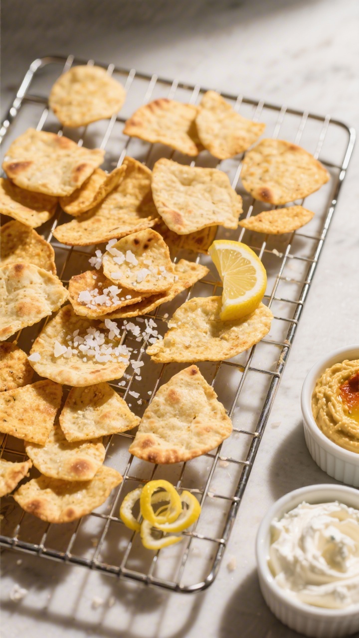 Tasty top view, overhead: Overhead shot of a baking rack loaded with freshly air-fried pita chips co