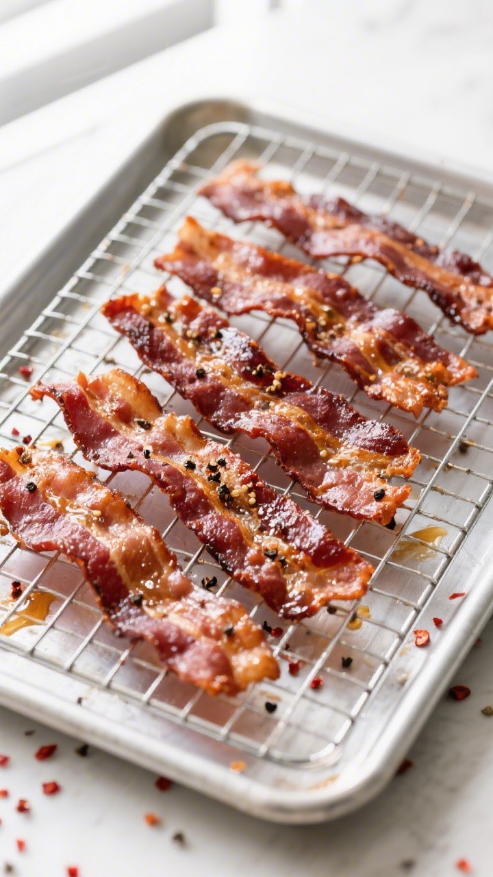 Tasty top view, overhead: Overhead shot of finished air fryer bacon jerky cooling on a wire rack set