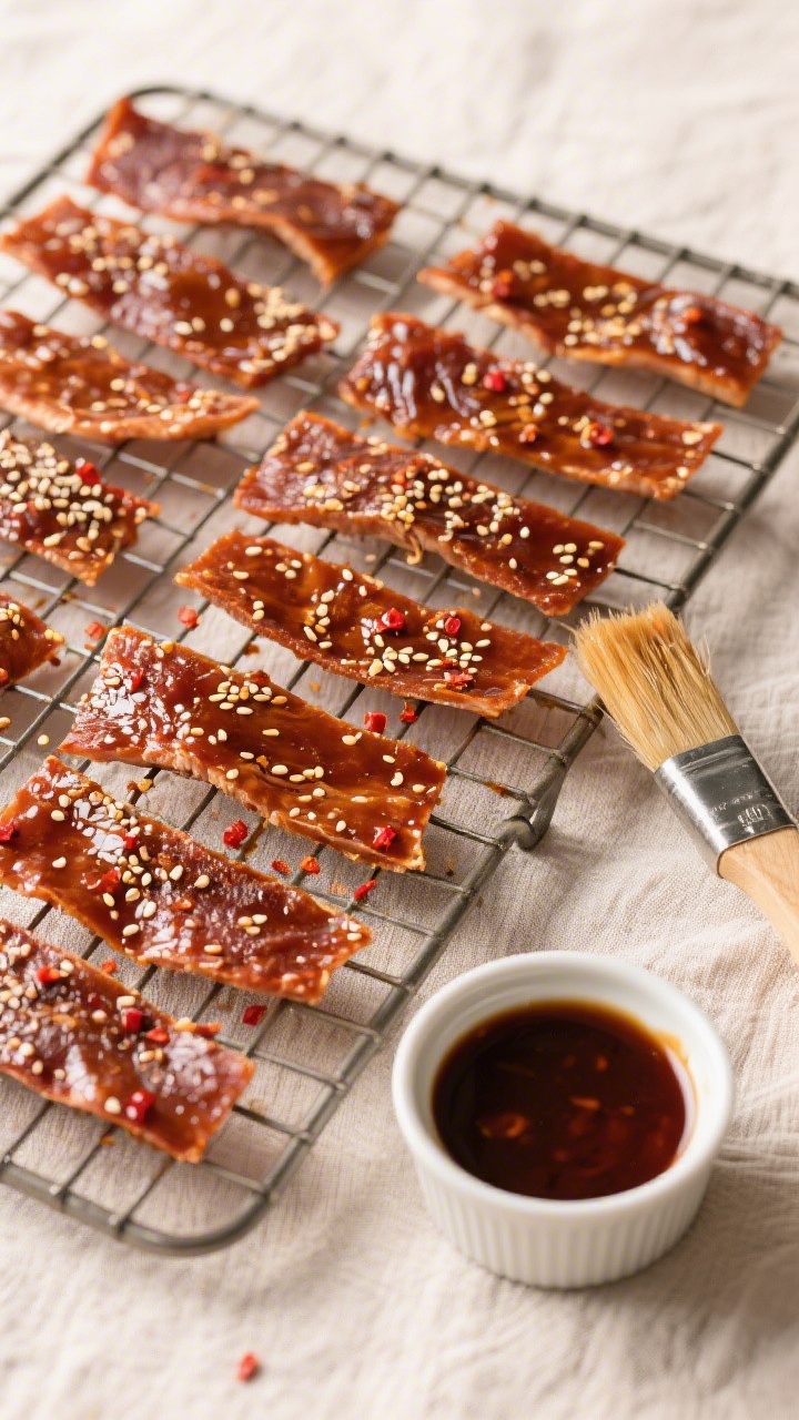 Tasty top view: Overhead shot of a cooling rack covered with finished teriyaki turkey jerky arranged