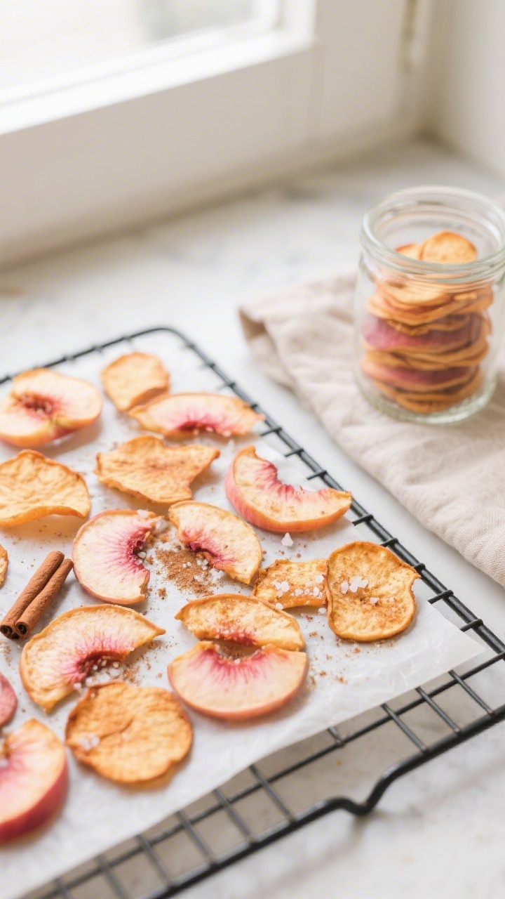 Tasty top view: Overhead shot of a cooling rack filled with finished peach chips, evenly dried slice