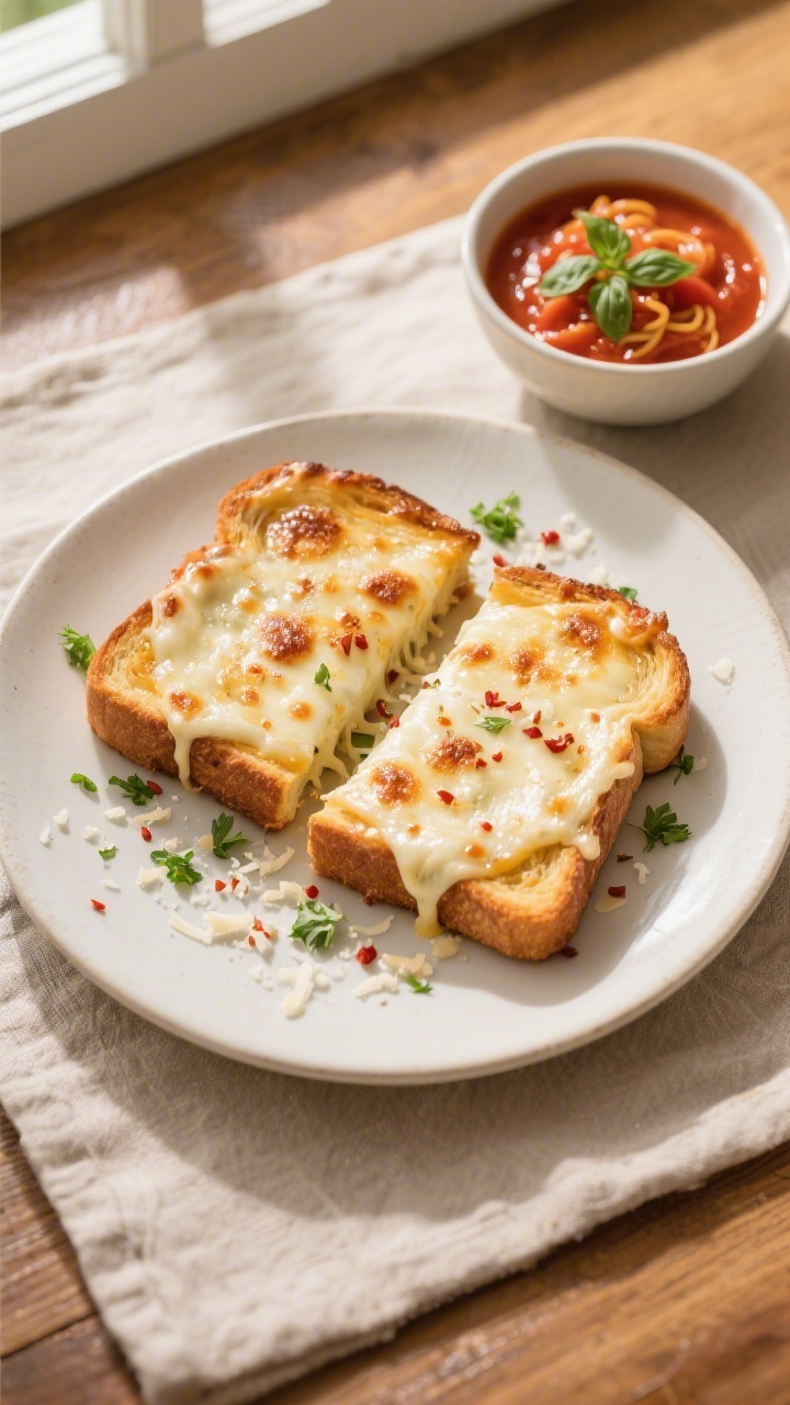 Tasty top view: Overhead shot of a dinner plate with two slices of cheesy Texas toast, mozzarella me