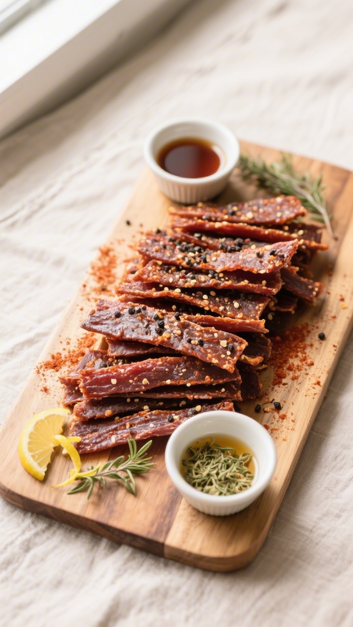Tasty top view: Overhead shot of a final serving board piled with keto jerky strips in neat stacks,
