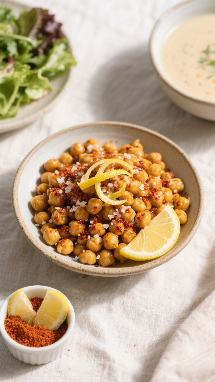Tasty top view: Overhead shot of a final serving—golden, spicy chickpeas piled in a wide, shallow