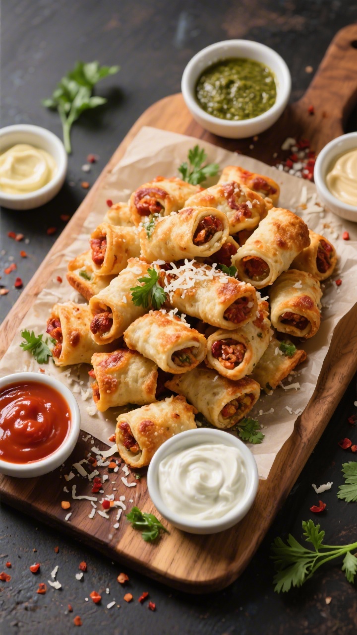 Tasty top view: Overhead shot of a game-night snack board featuring a heaping pile of crispy pizza r