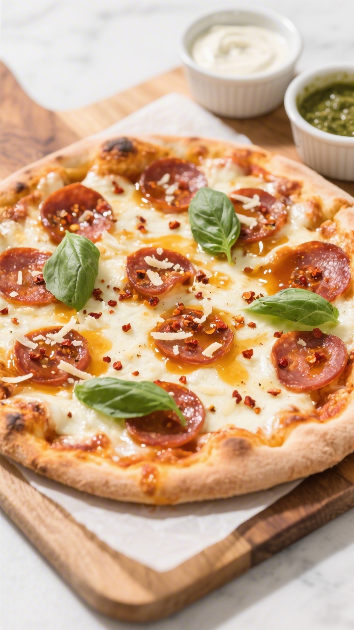 Tasty top-view: Overhead shot of a just-cooked thin-crust frozen pizza on a parchment-lined wooden b