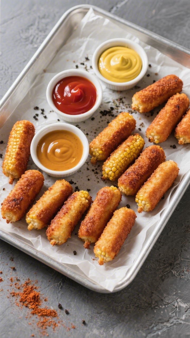 Tasty top view: Overhead shot of a parchment-lined tray filled with mini corn dogs in a single layer