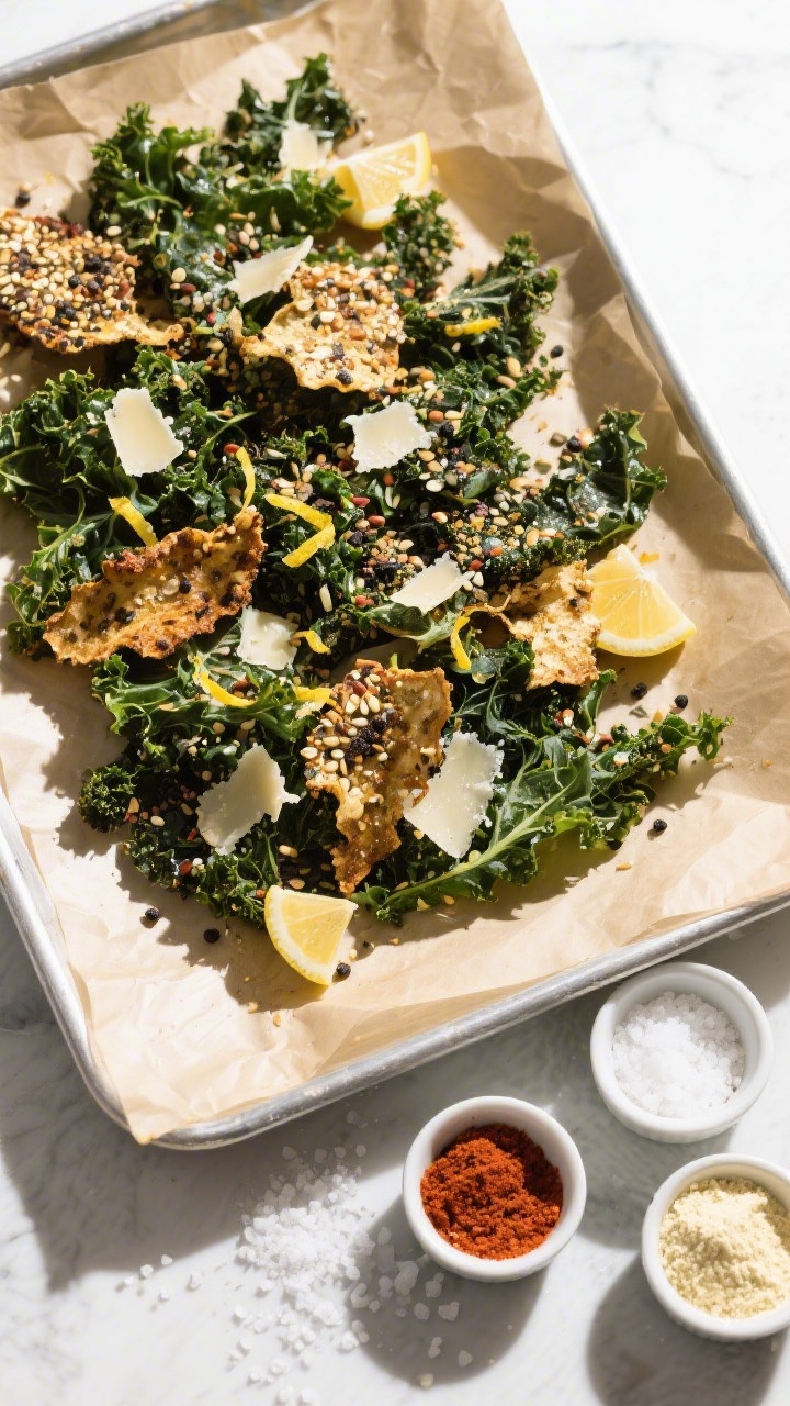 Tasty top view: Overhead shot of a parchment-lined tray heaped with mixed-seasoned kale chips—some