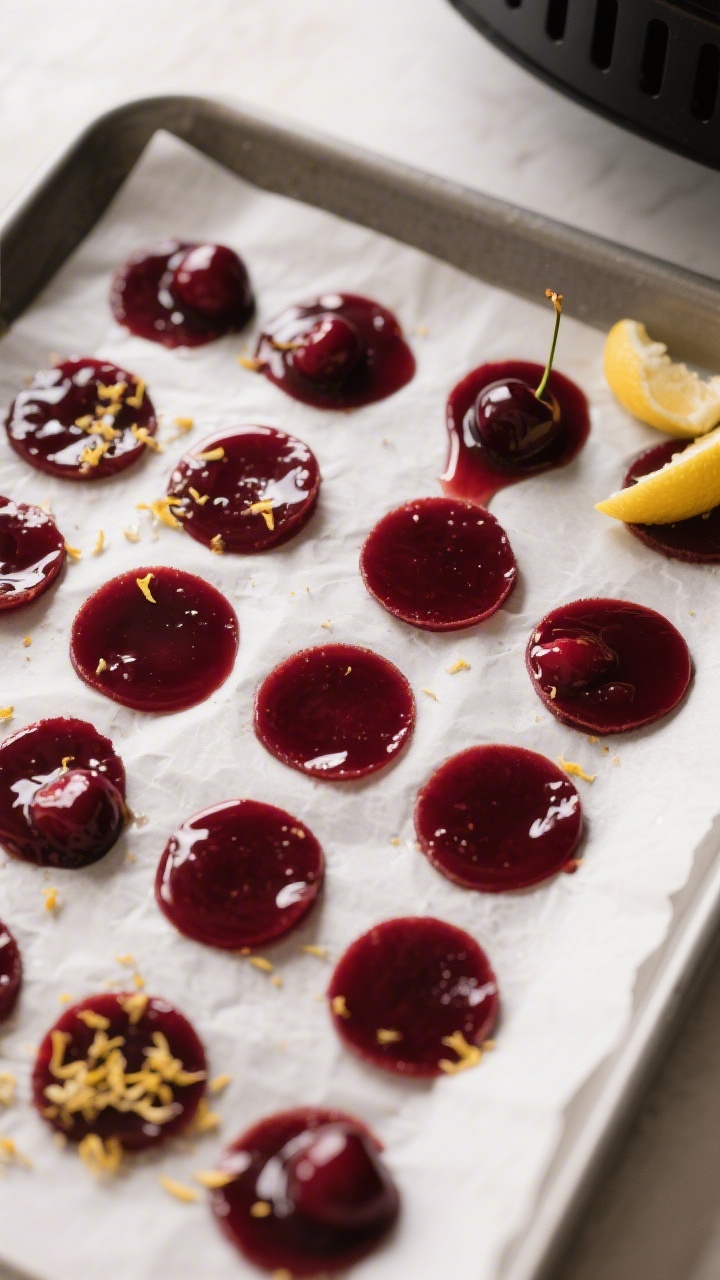 Tasty top view: Overhead shot of a parchment sheet covered with thin, evenly spread cherry puree rou