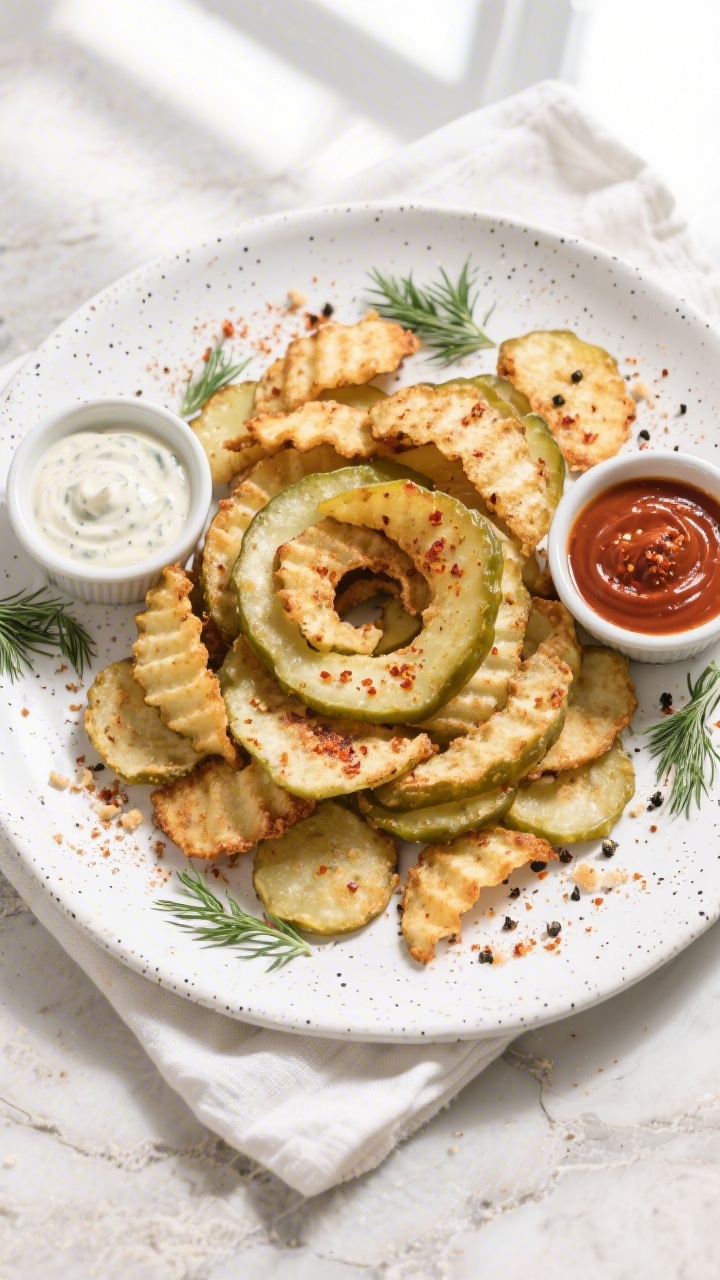 Tasty top view: Overhead shot of a platter of air-fried pickle chips arranged in a loose spiral on a