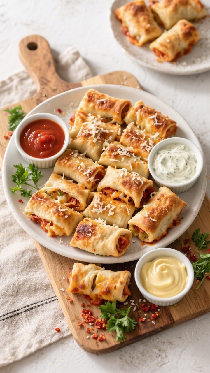 Tasty top view: Overhead shot of a platter of air-fried pizza rolls made with pizza dough, evenly br