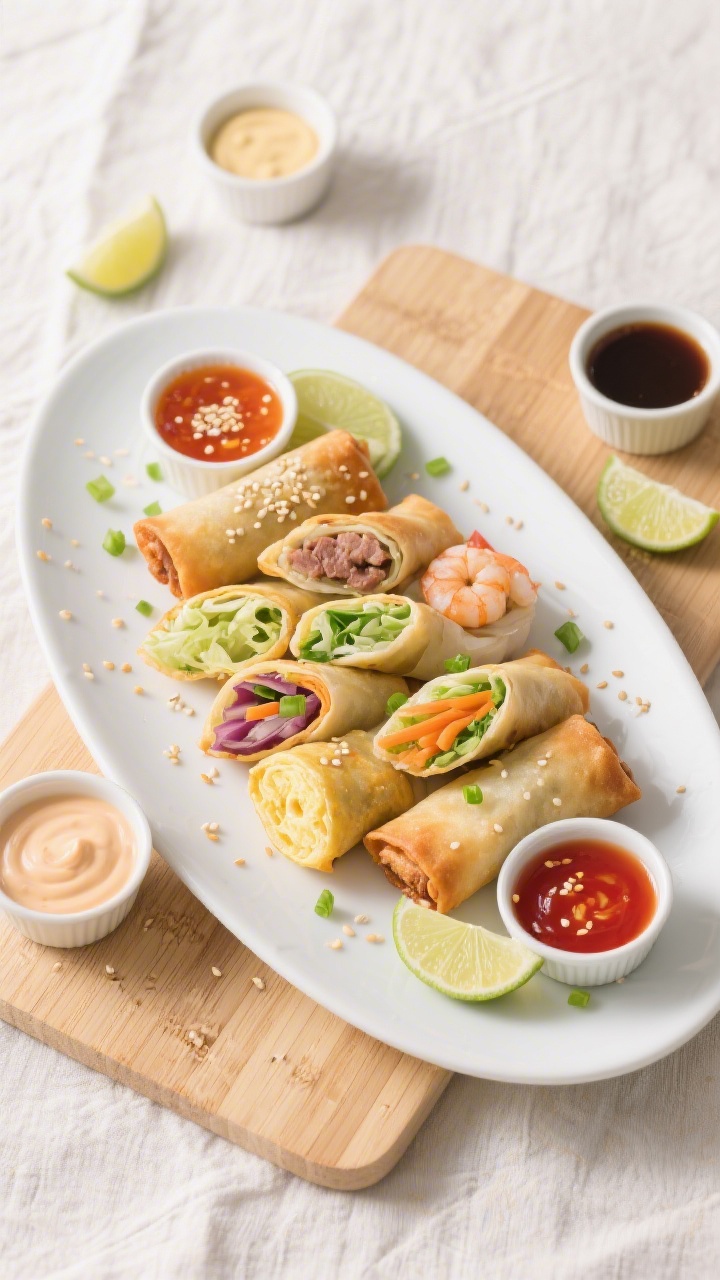Tasty top view: Overhead shot of a platter of assorted cooked frozen egg rolls (pork, shrimp, vegeta