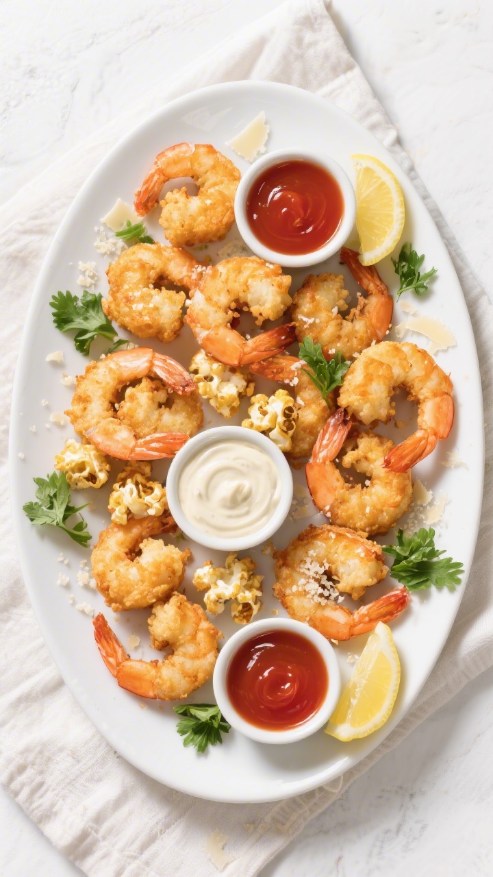 Tasty top view: Overhead shot of a platter of assorted air-fried shrimp styles (butterfly and popcor