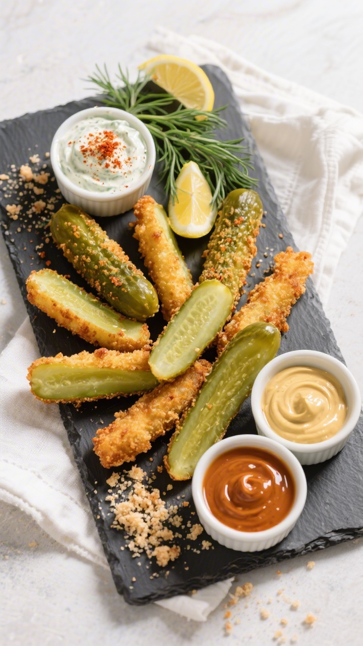 Tasty top view: Overhead shot of a platter of crispy air fryer pickle spears arranged in a fan, serv