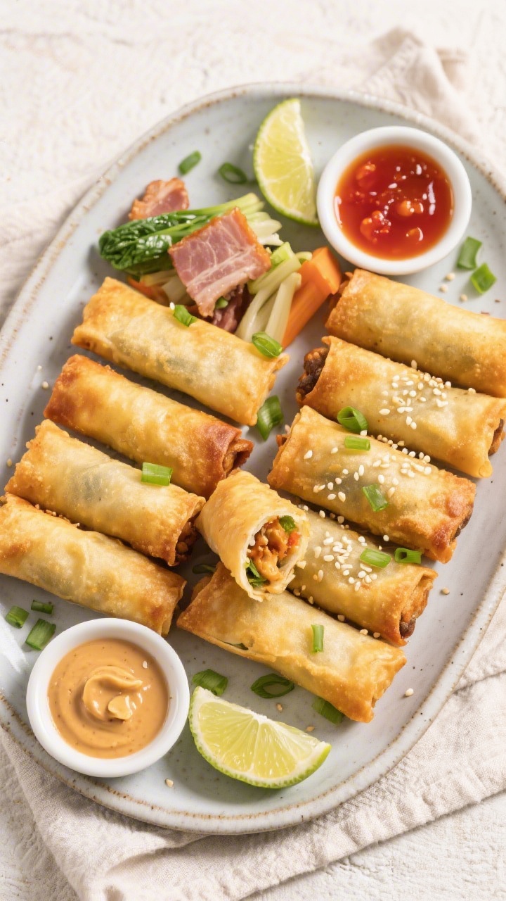 Tasty top view: Overhead shot of a platter of mixed frozen-to-crispy spring rolls (veggie and pork)
