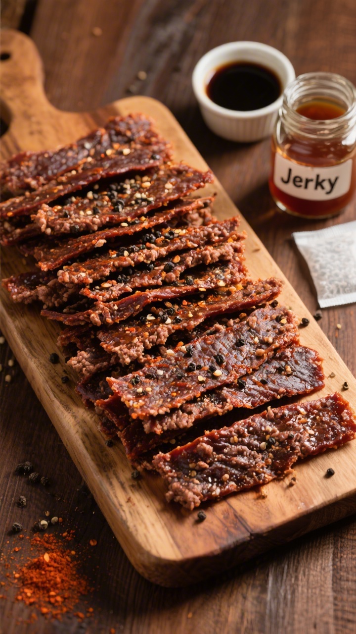 Tasty top view: Overhead shot of a rustic wooden board piled with finished air fryer ground beef jer
