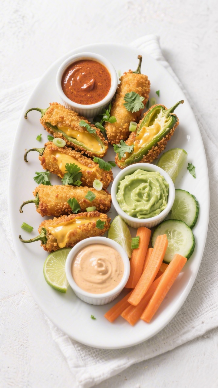 Tasty top view: Overhead shot of a shareable platter of crispy jalapeno poppers arranged in a single