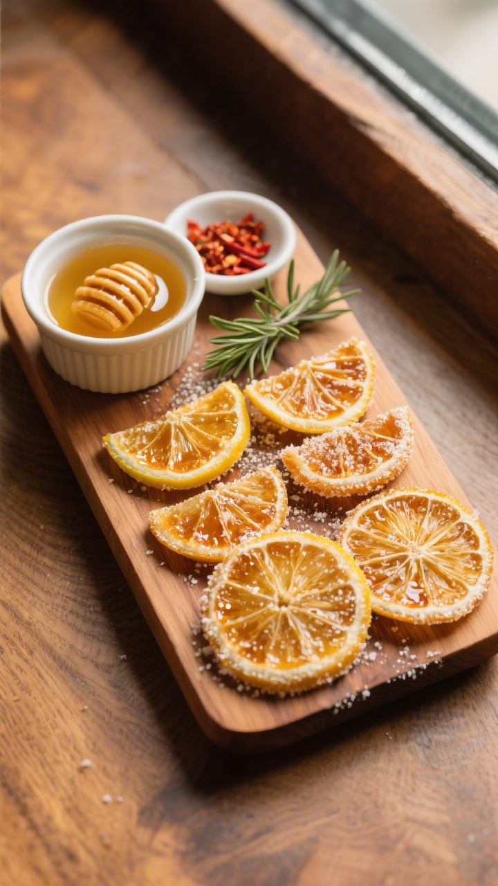 Tasty top view: Overhead shot of a small board for snacking/cocktails featuring candied-style air-fr