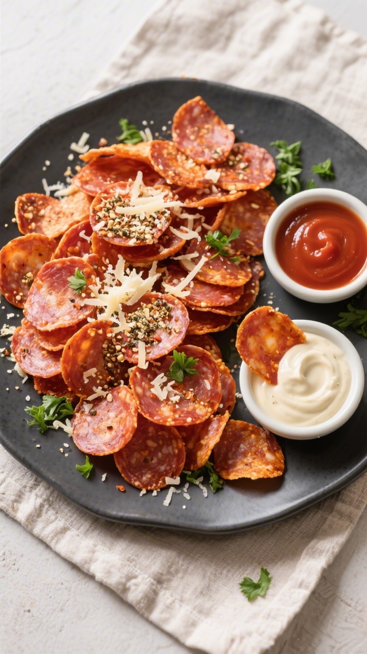 Tasty top view: Overhead shot of a warm platter of pepperoni chips arranged in a single, slightly ov