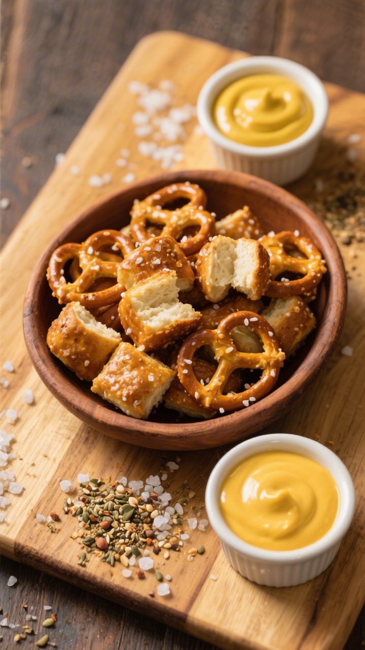 Tasty top view: Overhead shot of a warm snack board featuring classic salted pretzel bites arranged