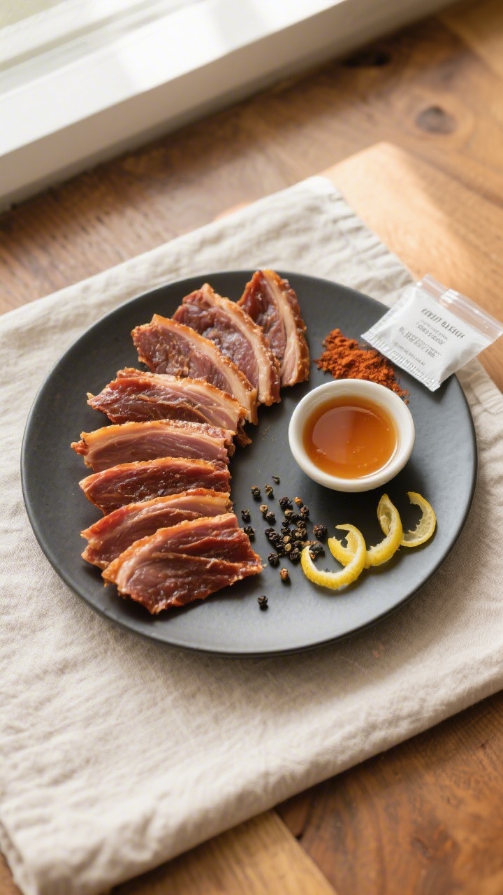 Tasty top view: Overhead shot of beautifully arranged duck jerky on a dark ceramic plate, fanned int