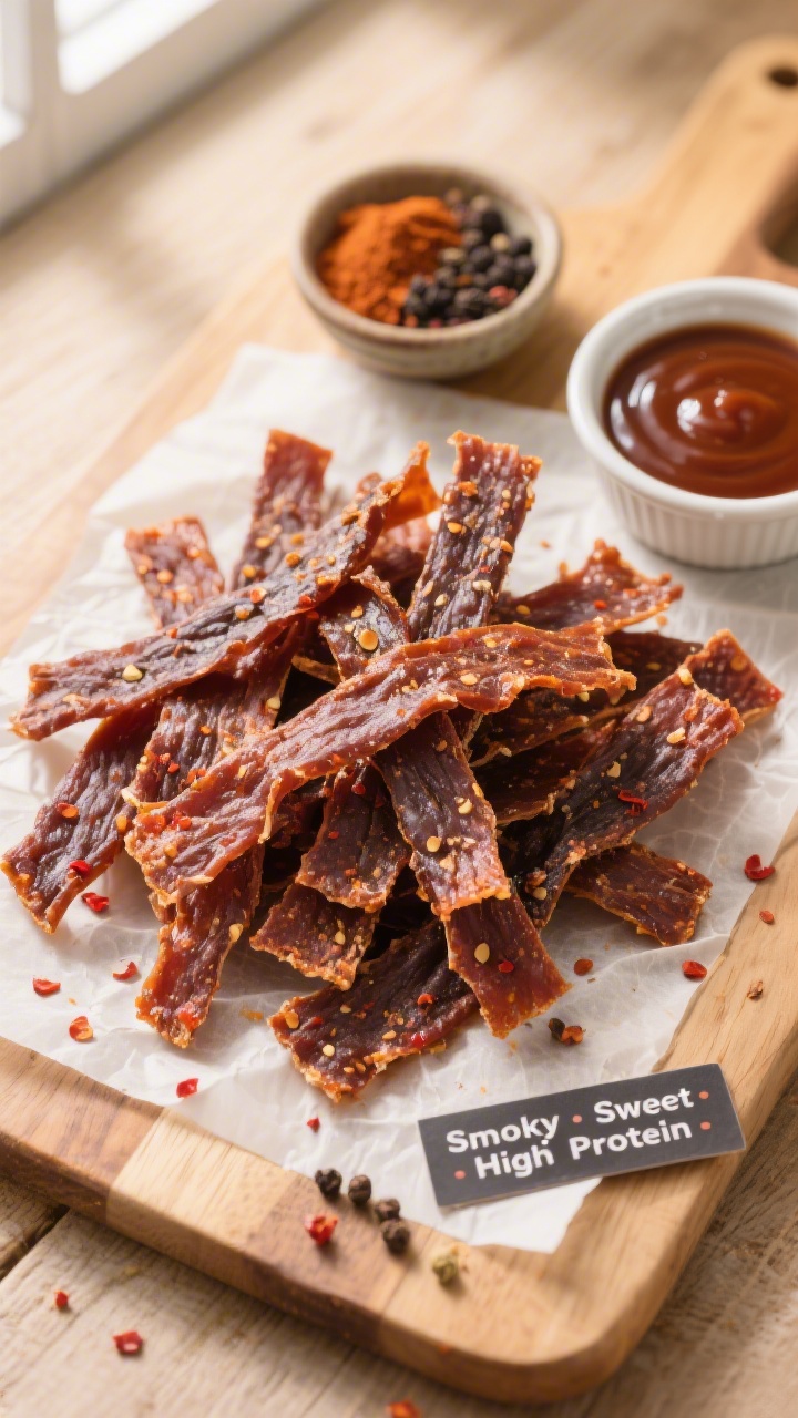 Tasty top view: Overhead shot of cooled, finished Air Fryer BBQ Chicken Jerky arranged in a casual p