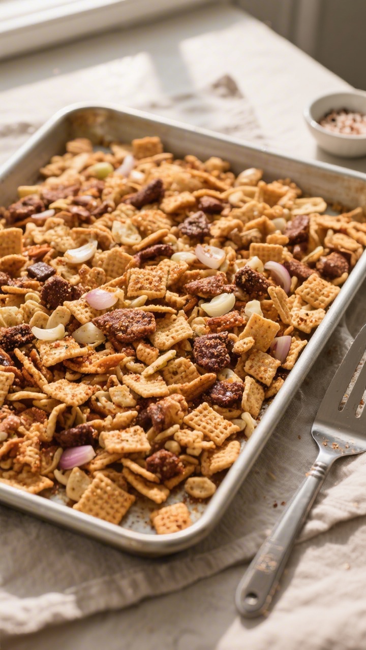 Tasty top view: Overhead shot of freshly cooked Air Fryer Chex Mix cooling on a large rimmed sheet p