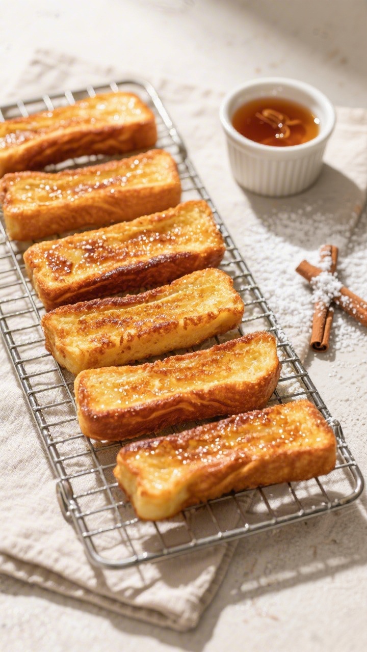 Tasty top view: Overhead shot of freshly cooked French toast sticks resting on a wire rack for a 1-m