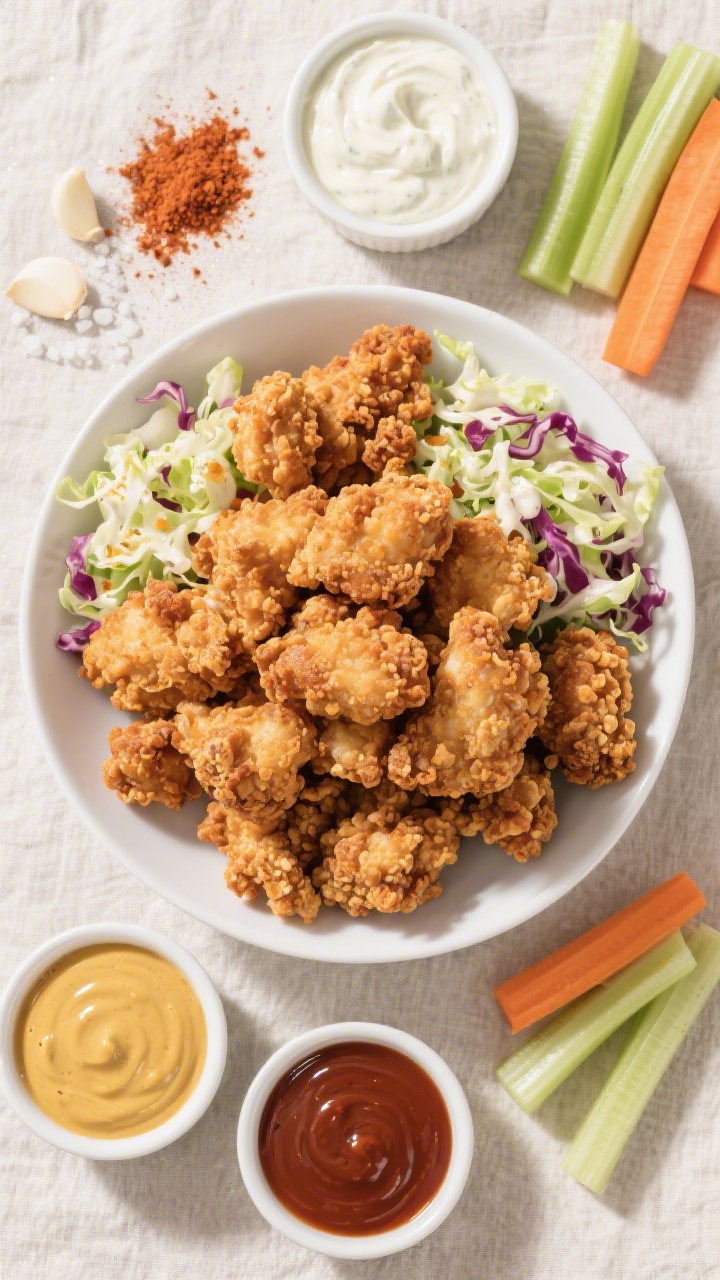 Tasty top view: Overhead shot of freshly cooked popcorn chicken piled in a wide white bowl, ultra-cr