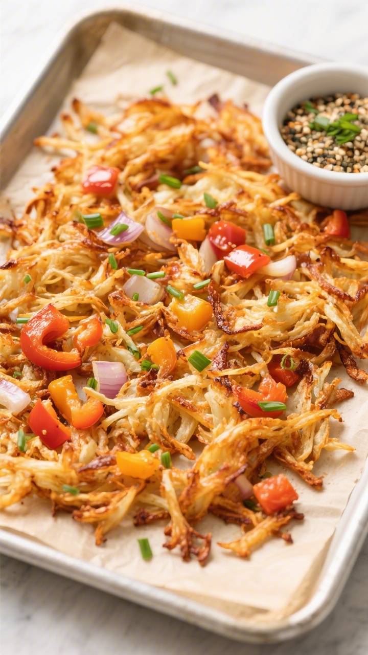 Tasty top view: Overhead shot of shredded hash browns cooked to a deep golden color, scattered in an