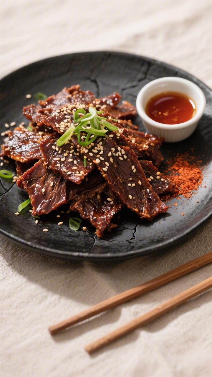Tasty top view: Overhead shot of the final Korean beef jerky piled on a matte black ceramic plate, g