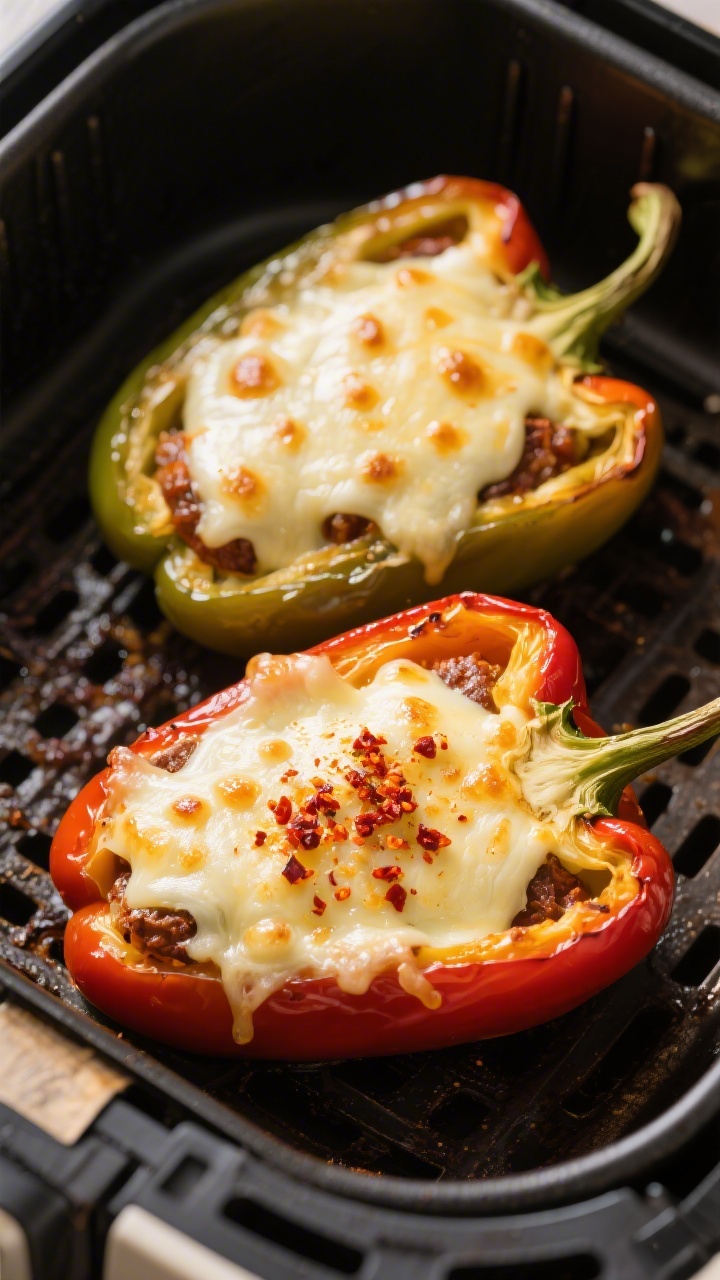 Tasty top view: Overhead shot of two stuffed peppers in the air fryer during the final 3–5 minutes