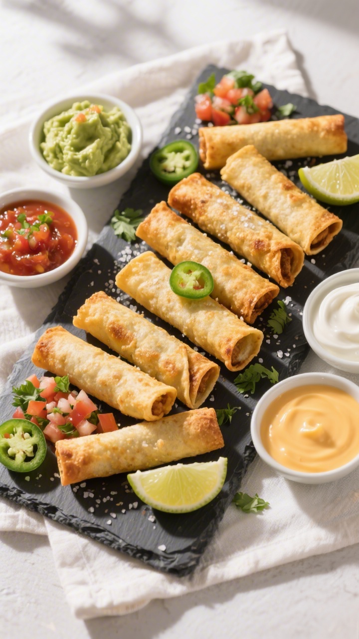Tasty top view, platter style: Overhead shot of freshly air-fried taquitos arranged on a slate platt