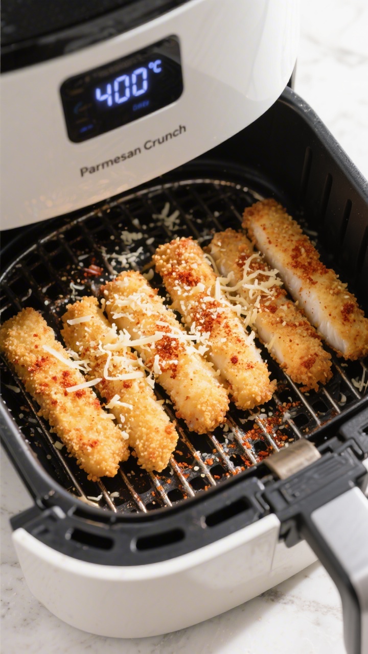 Tasty top view, variation highlight: Overhead shot of a âParmesan Crunchâ finishâfish sticks i